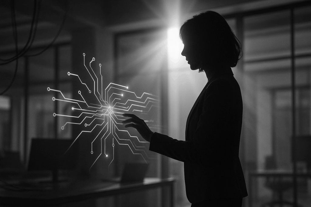 Mujer profesional tocando un panel luminoso de circuitos que simboliza la automatización con inteligencia artificial en pymes de Granada.