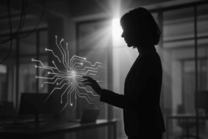 Mujer profesional tocando un panel luminoso de circuitos que simboliza la automatización con inteligencia artificial en pymes de Granada.