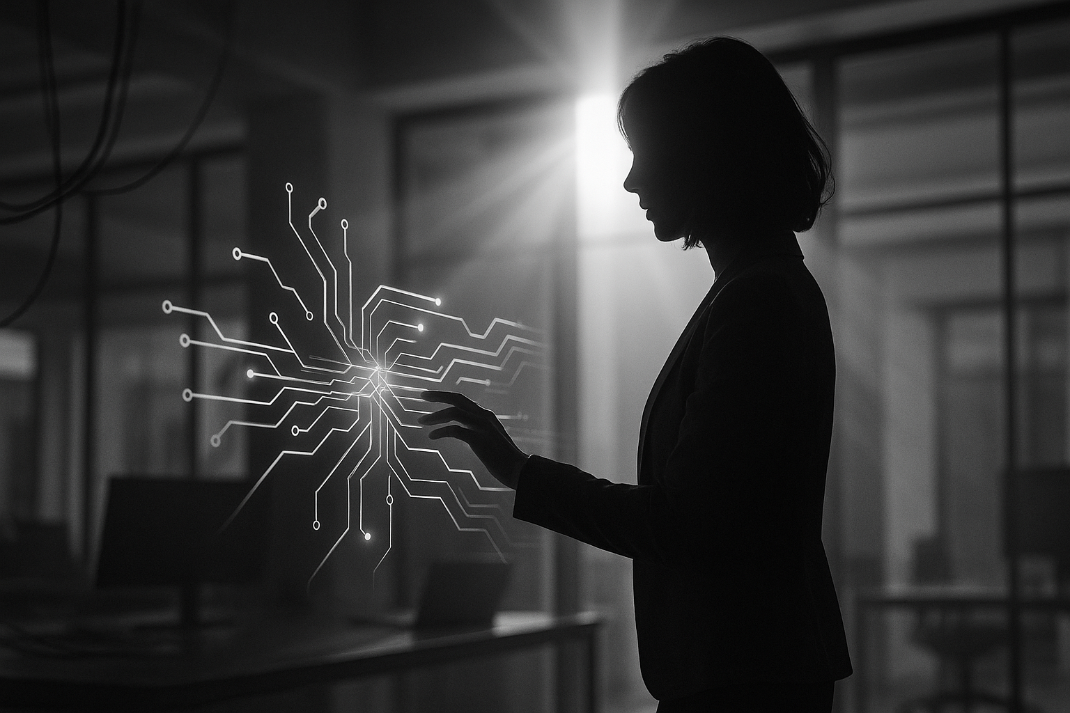 Mujer profesional tocando un panel luminoso de circuitos que simboliza la automatización con inteligencia artificial en pymes de Granada.